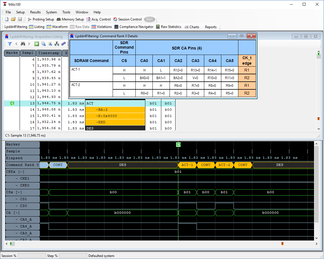 MA5100 LPDDR4 ACT Command Listing, Waveform, and Command Detail